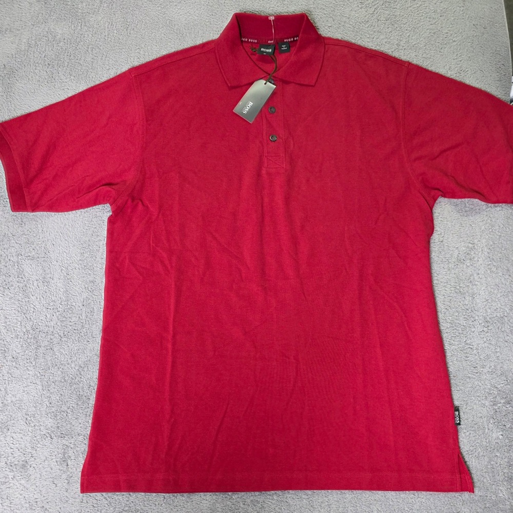 Hugo Boss Mens Large Polo Shirt Red Golf Seve B/400 Pique Cotton Short Sleeve
